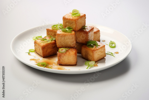 fried tofu on a plate garnished with celery, ultra hd gray white background