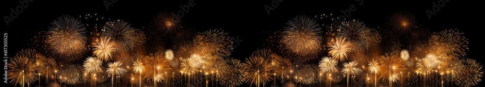 HAPPY NEW YEAR 2024 - Festive firework silvester New Year's Eve Party background banner panorama wide long greeting card - Gold fireworks pyrotechnics in the dark black night (Generative Ai).