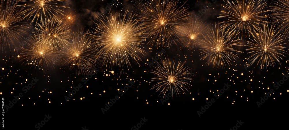 Naklejka premium HAPPY NEW YEAR 2025 - Festive firework silvester New Year's Eve Party background banner greeting card - Gold fireworks pyrotechnics in the dark black night (Generative Ai).