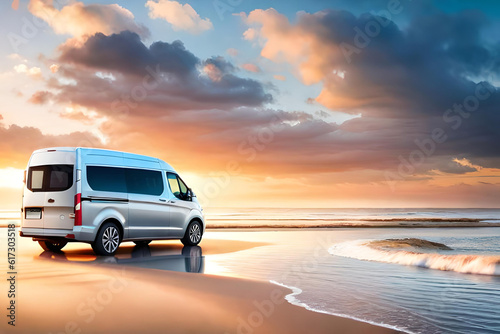 Summer getaway, travel escapade, van and beach gear with a picturesque ocean backdrop © Beste stock