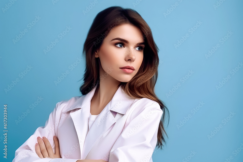 portrait of young doctor woman over isolated blue background. space for text. generative AI portrait of young doctor woman over isolated blue background. space for text. generative AI