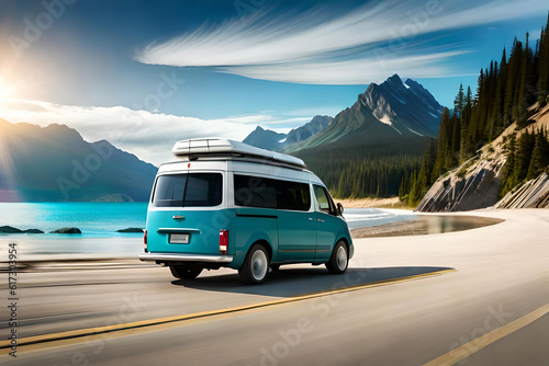 Summer getaway, travel escapade, van and beach gear with a picturesque ocean backdrop