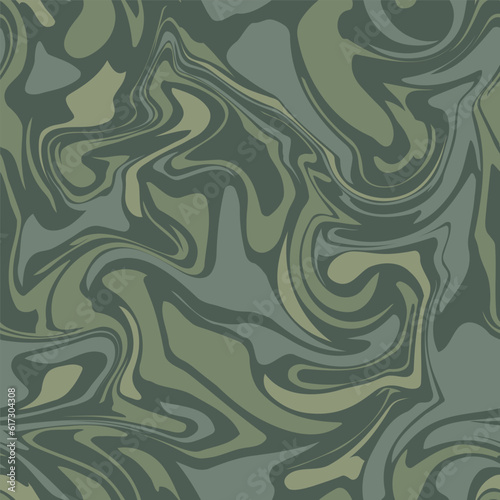 Camouflage seamless pattern with green ink marble swirls. Abstract military background. 