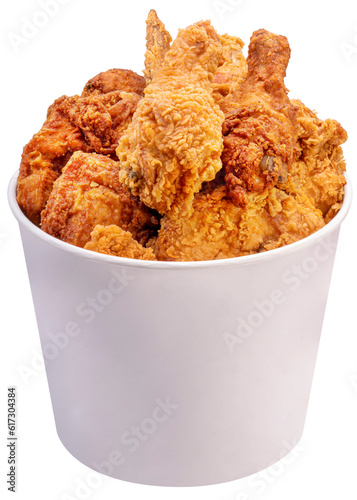 Fried chicken  on paple bucket on white background, Fried chicken on paper on isolate white background PNG File.