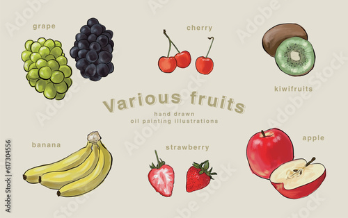 様々なフルーツの手書き油彩風のイラスト