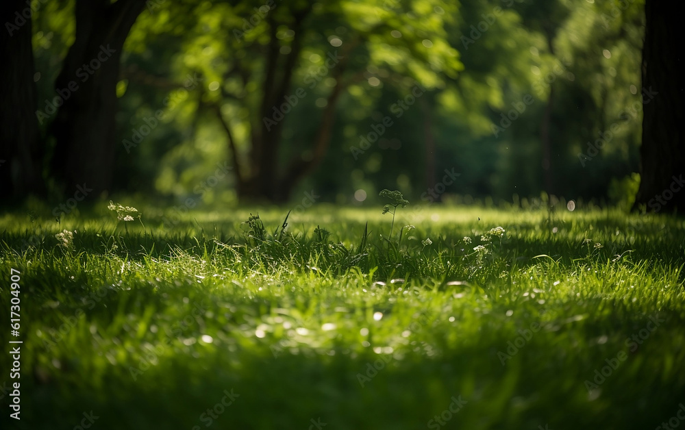 Naklejka premium Green grass with dew drops in the park, soft focus background