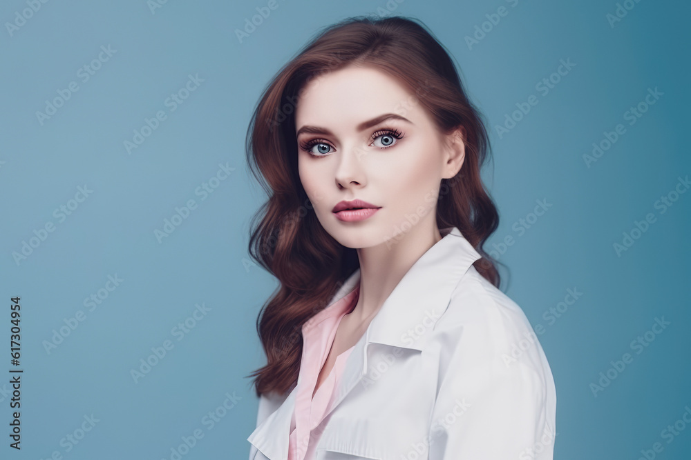 portrait of young doctor woman over isolated blue background. space for text. generative AI portrait of young doctor woman over isolated blue background. space for text. generative AI