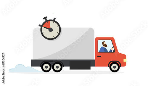 Cartoon courier travels by truck on time. Prices of delivering parcels to different locations during pandemic. Regional parcel carriers job. Vector illustration