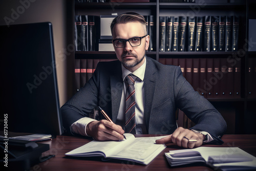 Young man sitting in the office in a suit and glasses looking at the camera and signing a contract