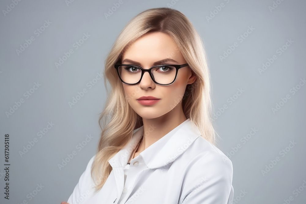  portrait of young doctor woman over isolated grey background. space for text. generative AI
