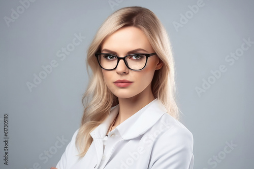  portrait of young doctor woman over isolated grey background. space for text. generative AI