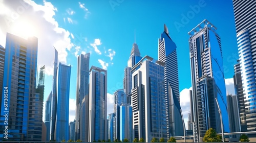 A cityscape dominated by modern skyscrapers and business office buildings, Generative AI