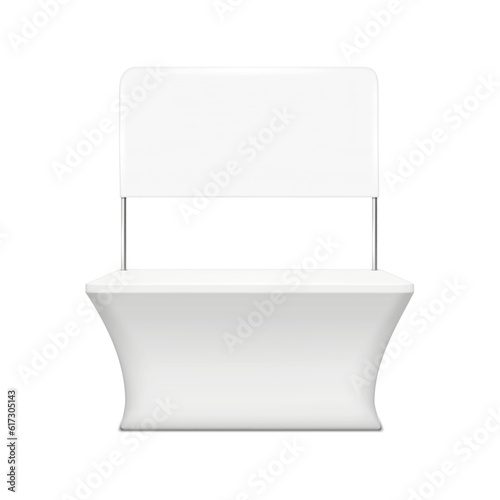 Portable exhibition counter with blank signage board isolated on white background vector mockup. Trade show promotional table display stand with header banner mock-up. Template for design