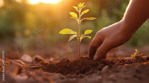 A close-up of a young person planting a sapling in a park ,