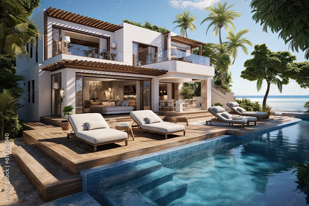 Fototapeta premium 3d rendering of a luxury villa with swimming pool and beach