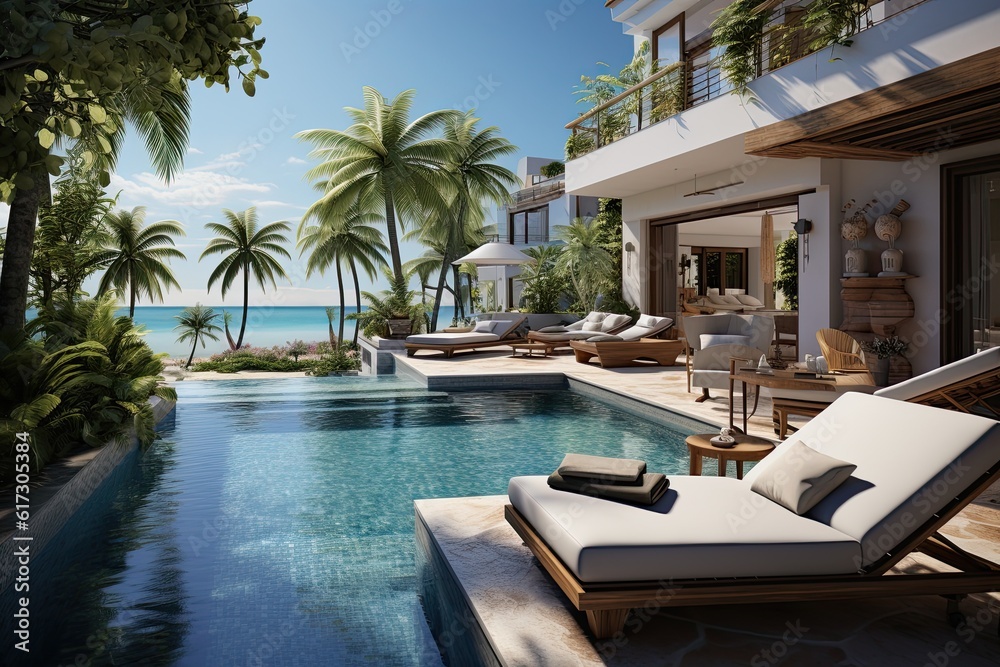 Fototapeta premium 3d rendering of a luxury villa with swimming pool and beach
