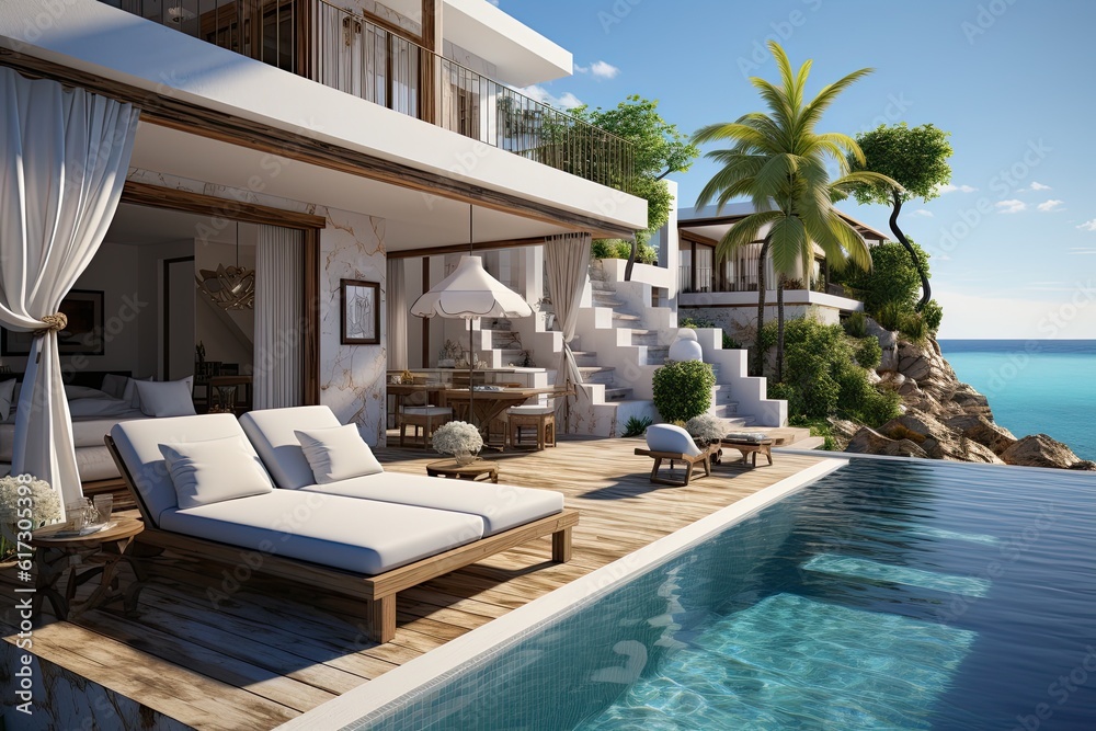 Fototapeta premium 3d rendering of a luxury villa with swimming pool and beach