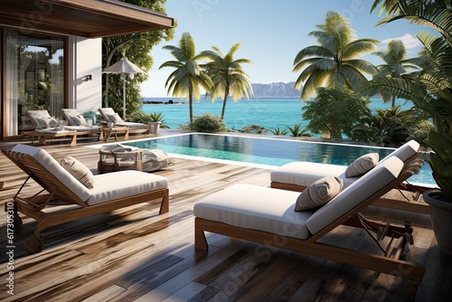 3d rendering of a luxury villa with swimming pool and beach