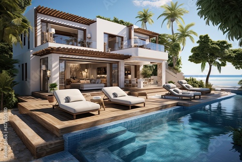 3d rendering of a luxury villa with swimming pool and beach © ttonaorh