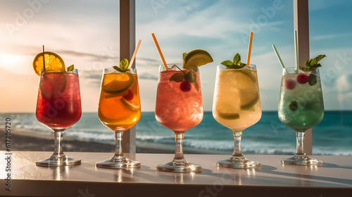 generative ai, generativ, ki, verschiedenfarbige Cocktails im Sonnenuntergang, ein Tag am Meer