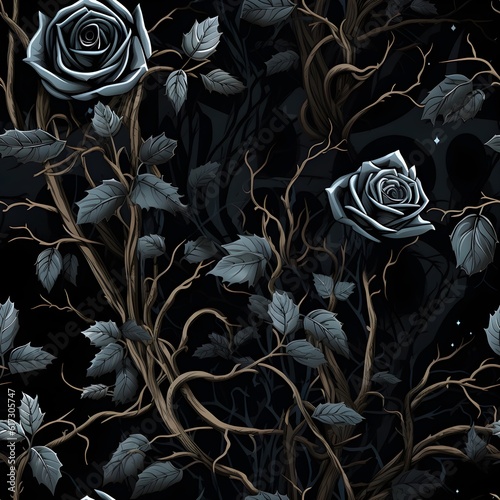 roses on black,pattern,silver,leaf,AI generated photo