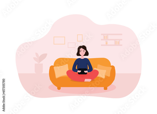Cartoon girl texting on tablet sitting in lotus position on couch at home. Modern urban lifestyle. Contemporary digital environment. Vector illustration