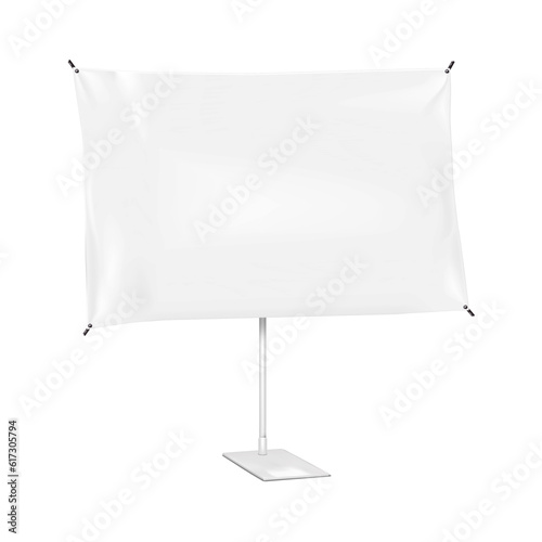 X-banner stand on base vector mockup. Blank adjustable banner display isolated on white background. Collapsible advertising sign realistic mock-up. Template for design