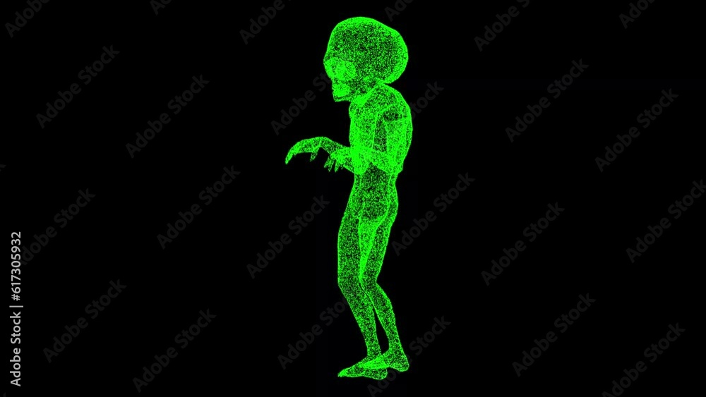 3D alien rotates on black bg. Scary alien stands and looks. UFO futuristic concept. Mysterious Alien Humanoid, extraterrestrial life concept. For title, text, presentation. 3d animation 60 FPS 3D alien rotates on black bg. Scary alien stands and looks. UFO futuristic concept. Mysterious Alien Humanoid, extraterrestrial life concept. For title, text, presentation. 3d animation 60 FPS
