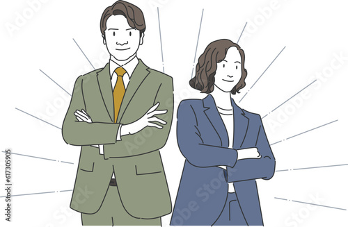 自信あふれる男女のビジネスパーソン