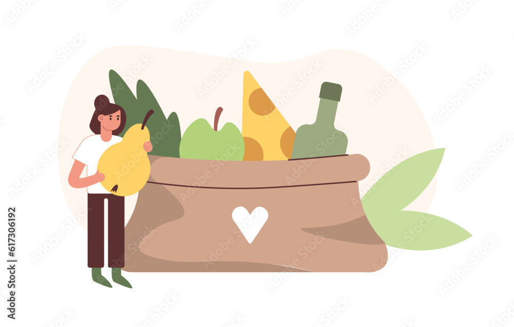 Fototapeta premium Cartoon female character collecting food for donations. Giant bag of groceries. Food donations for poor and homeless. Product warehouse for volunteer activities