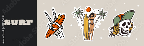 Hand of the skeleton is holding surfboard, a girl with a surfboard, a funny skull in a cap. Collection of stickers on the theme of surfing. Colorful flat vector illustration.
