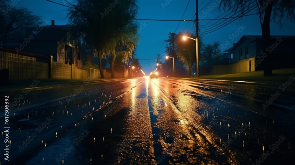 A dimly lit road or alley at midnight, illuminated by car headlights, Generative AI