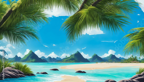 Beautiful vacation landscape with palms, ocean, and blue sky. generative AI. © 4K_Heaven