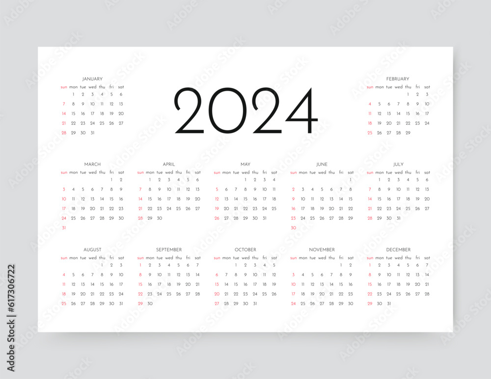 2024 year сalendar. Calender layout. Week starts Sunday. Desk planner template with 12 months. Monthly organizer grid in horizontal design. Yearly stationery diary, English. Vector illustration 2024 year сalendar. Calender layout. Week starts Sunday. Desk planner template with 12 months. Monthly organizer grid in horizontal design. Yearly stationery diary, English. Vector illustration