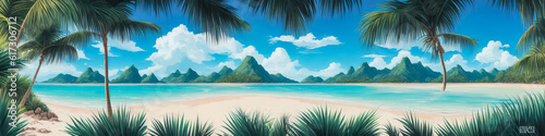 Beautiful vacation landscape with palms  ocean  and blue sky. generative AI.