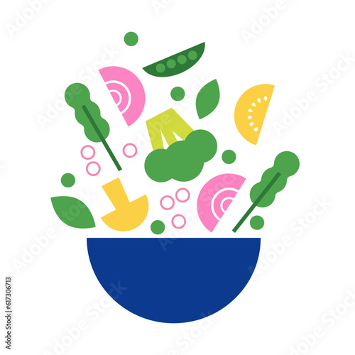Salad bowl with vegetables and greens isolated on white background. Flat vector illustration of fresh and healthy vegan lunch meal. Organic vegetarian nutrition food concept.
