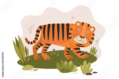 Cute tiger among forest clearing. Funny cartoon wild beast on light background. Fairytale predatory animal. Can be used for the design of children's rooms, holidays, cards. Vector illustration.