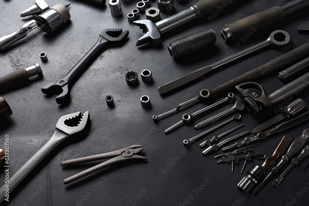 Fototapeta premium Auto mechanic's tools on grey stone table with copy space