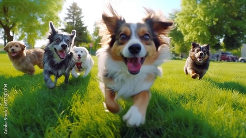 A group of cute and funny dogs joyfully running green grass of a park, Generative AI.