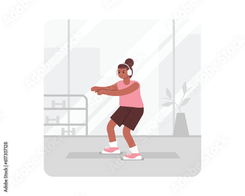 African girl in headphones squatting. Regular physical activity and healthy lifestyle. Training indoor alone. Workout to loss weight. Vector flat illustration