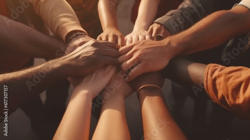 A group of diverse people holding hands in unity, symbolizing teamwork, collaboration, and inclusivity, Generative AI.