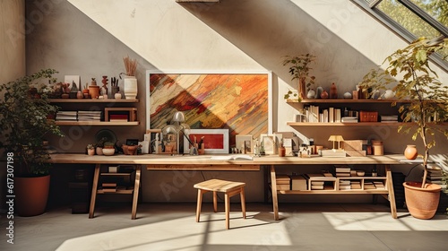 Interior of modern artist workplace with brushes and paints on table