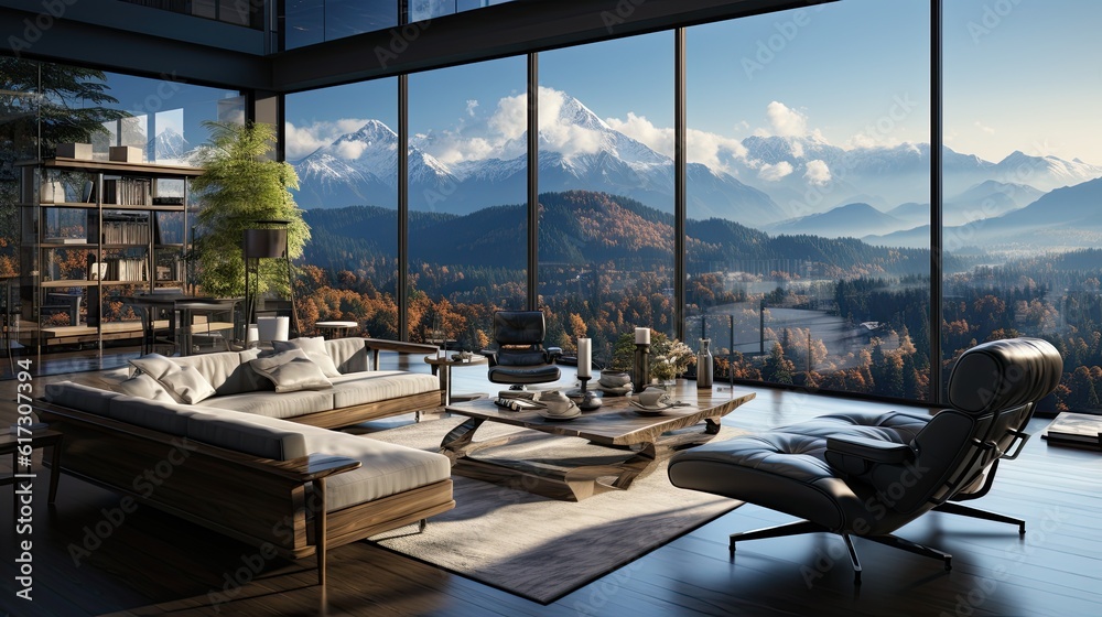 3D rendering of a modern living room with a mountain view
