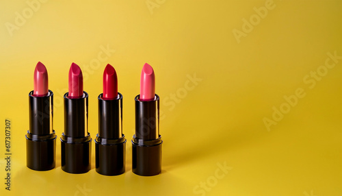 Set of lipsticks isolated on soft yellow background copy space image. 