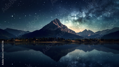 Landscape Shot of Water Reflecting the Mountain on Tranquil Night with Stars Galaxy Sky © heartiny