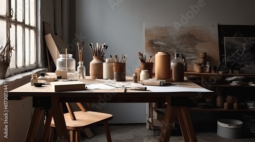 Interior of modern artist workplace with brushes and paints on table