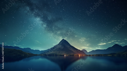 Landscape Shot of Water Reflecting the Mountain on Tranquil Night with Starry Galaxy Sky