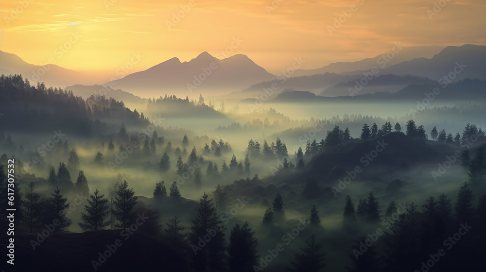 Nature Landscape of Hills Mountains Surrounded by Pine Trees in a Foggy Forest at Morning