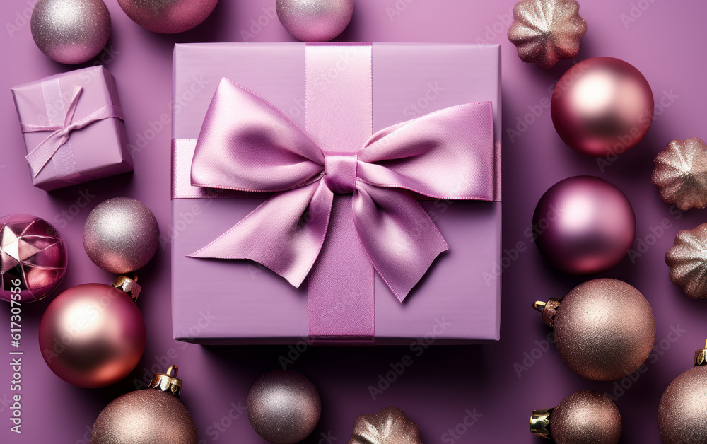 Lilac present boxes with ribbon bows and pink, purple, and white ornaments in top view on an empty backdrop of violet. Lilac present boxes with ribbon bows and pink, purple, and white ornaments in top view on an empty backdrop of violet.