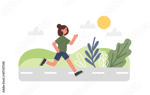 Cartoon handsome girl running in morning on street. Time for morning workout. Active and healthy lifestyle. Vector flat style illustration on white background